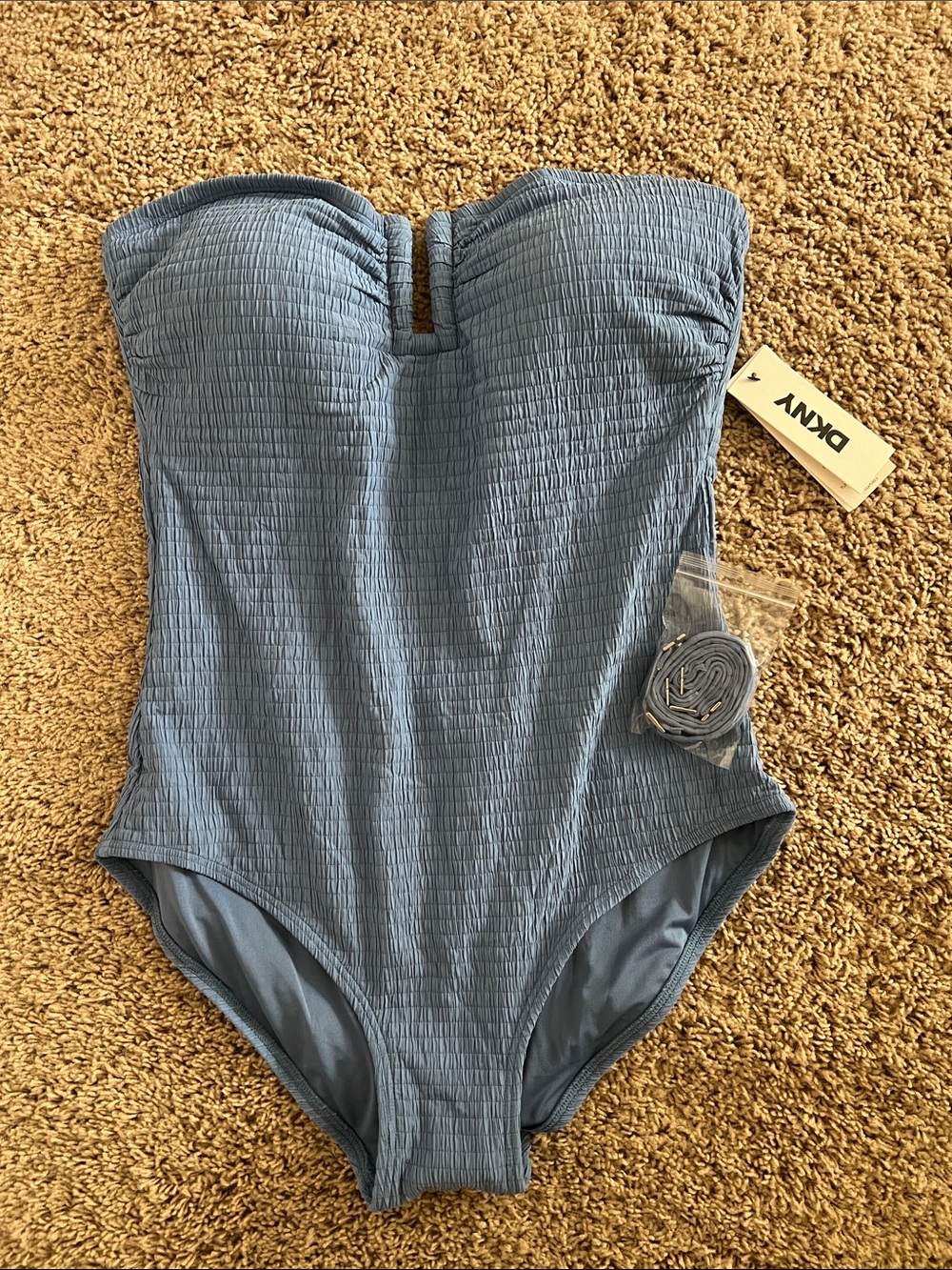 DKNY Dusty Blue Textured Strapless One-Piece Bathing Suit